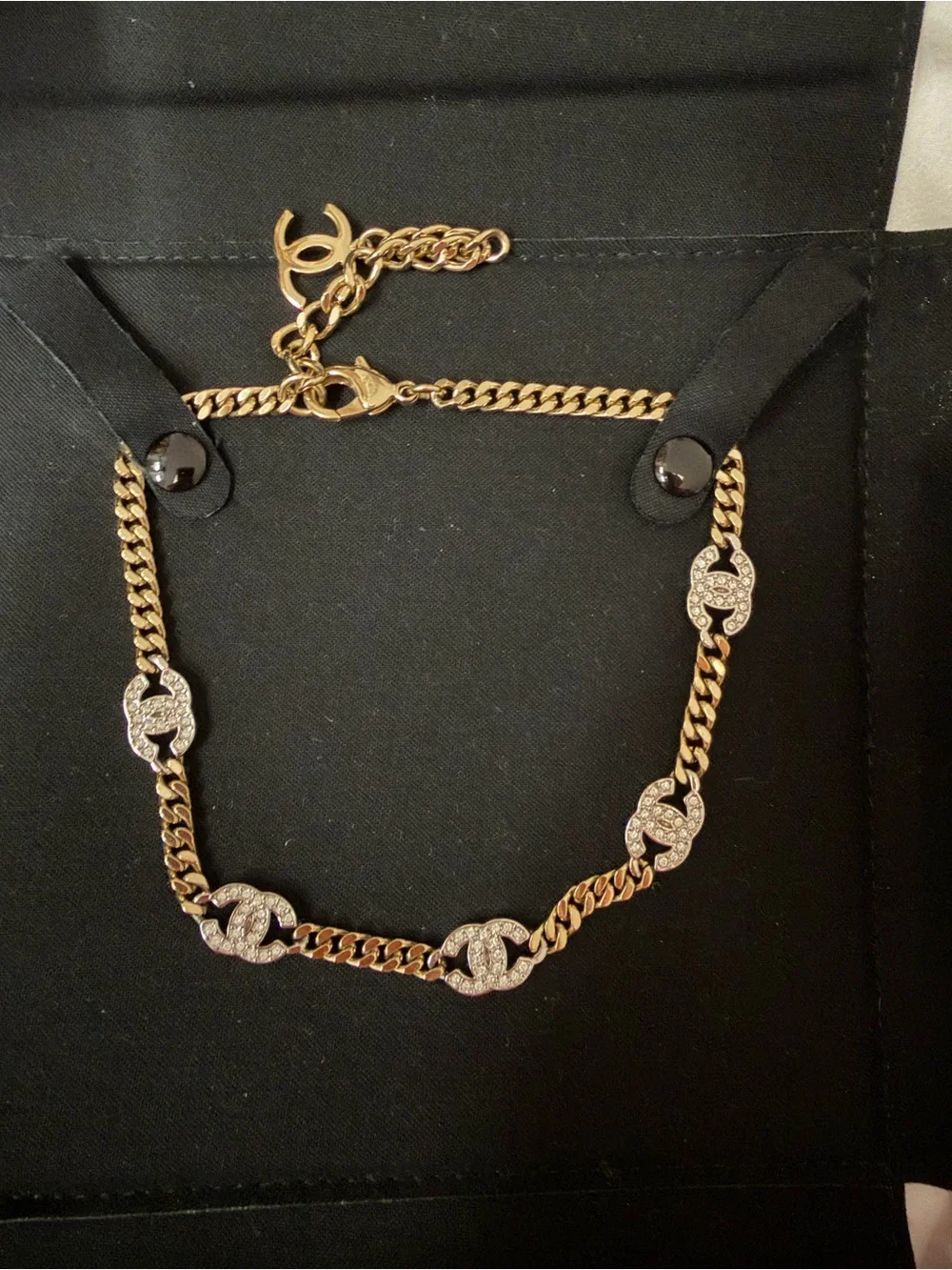 CHANEL Gold-Tone Chain Necklace with Pave Crystal CC Links